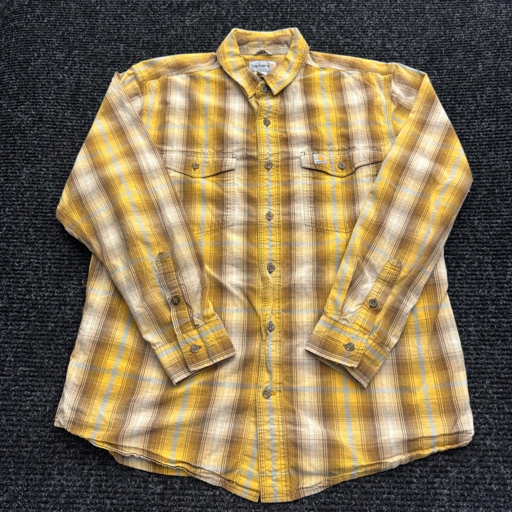Carhartt Mens Large Plaid Button Down Work Shirt Yellow Brown Long Sleeve L